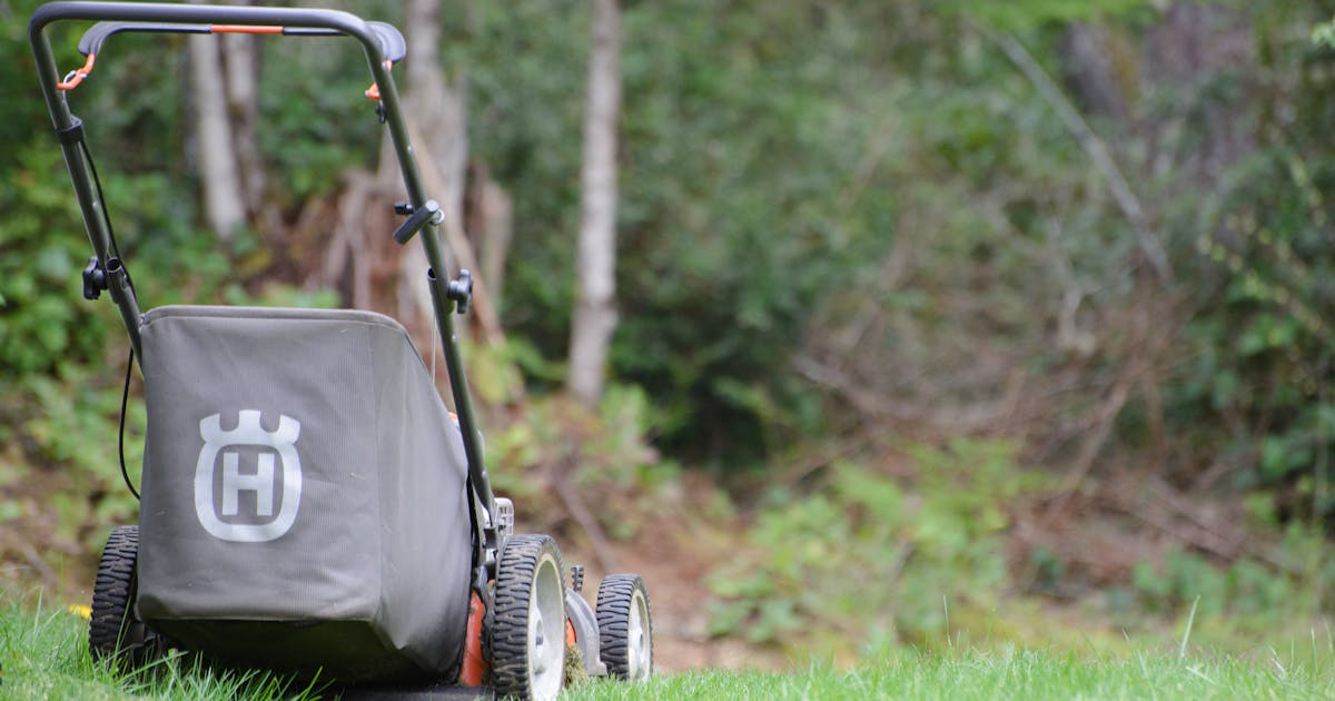 Push lawn mower in a backyard